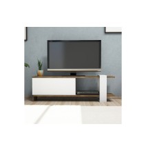 Mueble TV con Diseño Moderno, 1 Puerta y Estantes en Blanco-Nogal - 120x25x37cm: Funcionalidad y Estilo para tu Sala